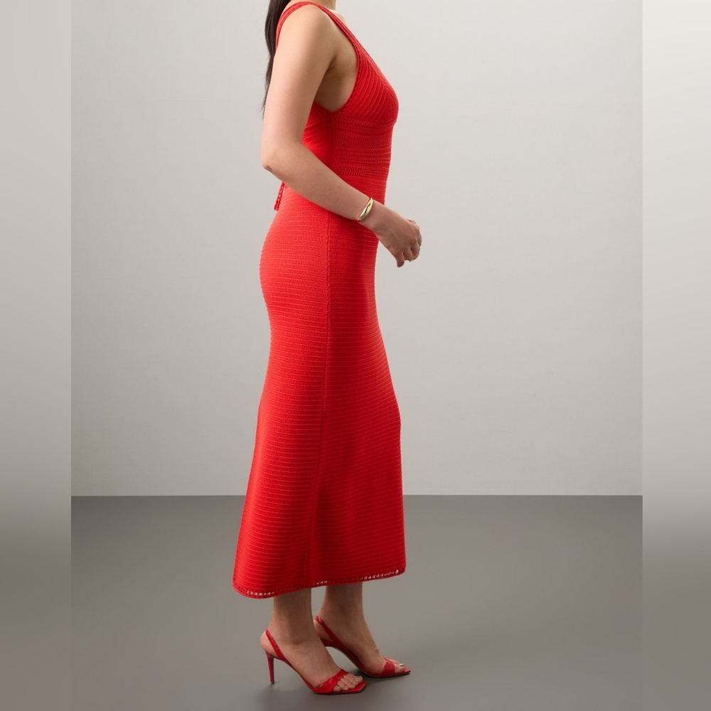 Ronny Kobo Collective Vibrant Crocheted Orange/Red Bodycon Midi Dress, sz M